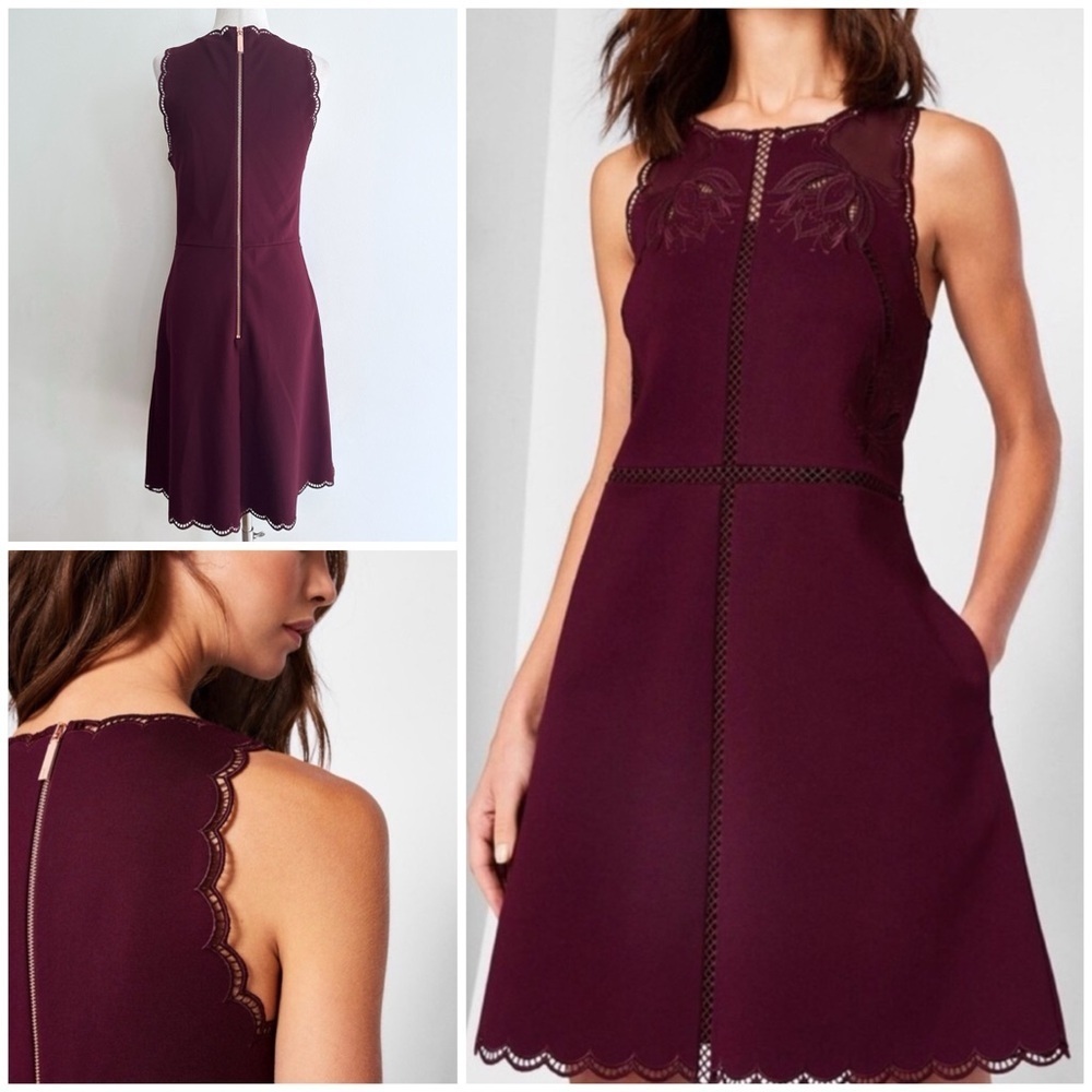 Ted Baker Codi Embroidered Scallop Burgundy Laser Lace Cut A-line Cocktail Dress